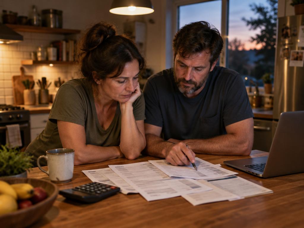 Couple sitting at a kitchen counter going over electric bills