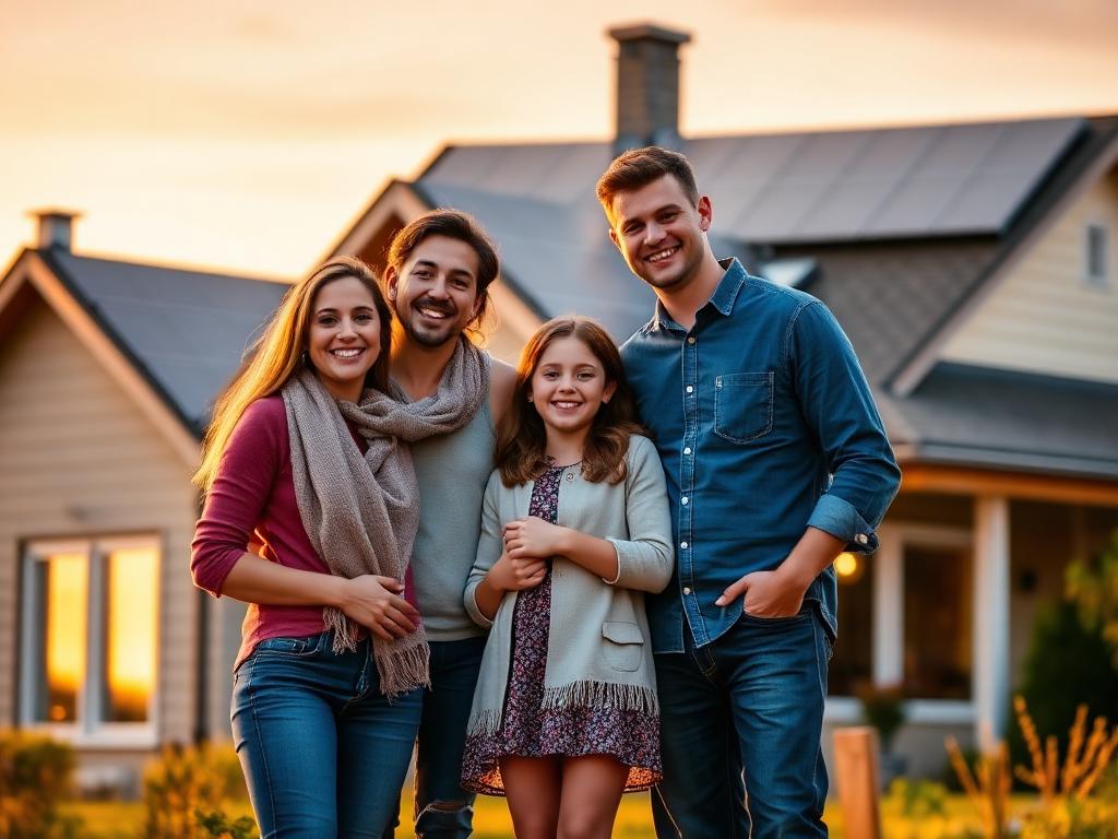 Family outside their solar-powered home