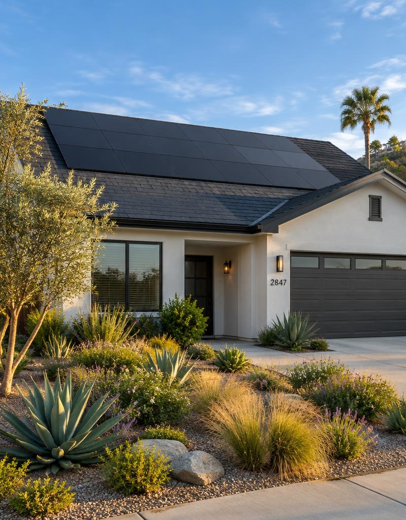 Modern home with sleek black rooftop solar panels