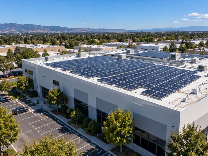 Commercial building with a large rooftop solar installation