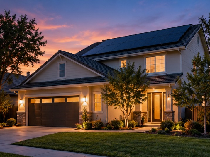 Solar-equipped home with illuminated windows at dusk
