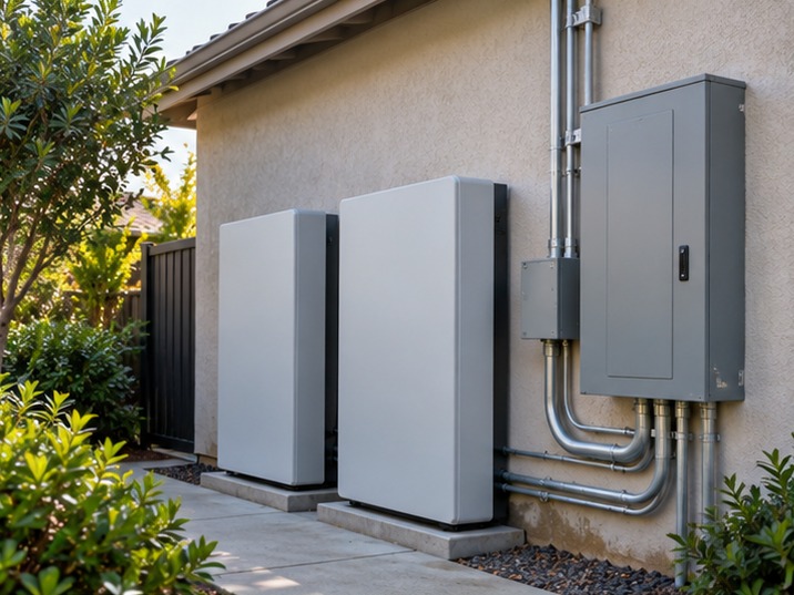 Unbranded home battery units installed beside residential electrical equipment