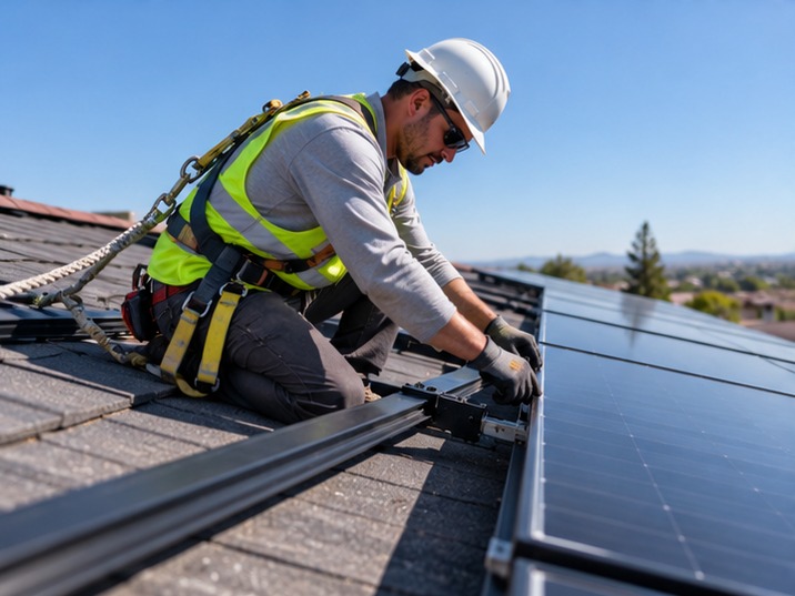 Solar installer wearing safety equipment while working on rooftop panels